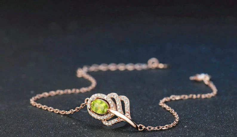 Oval Cut Green Peridot With Sparklign CZ Classic Leaf 14k Rose Gold Bracelets - Image 2 of 4