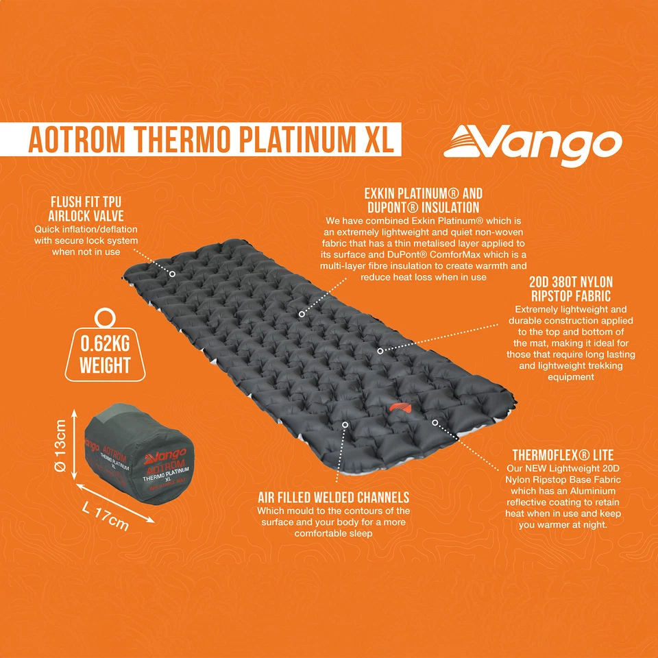 VANGO Trekking Isomatte Aotrom Thermo Platinum XL Luftbett Camping Matte 0,62 kg - Bild 2 von 4