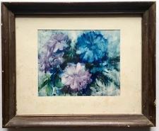 Vintage 1980 Expressionism Floral Flower Watercolor Painting Blue Purple Signed