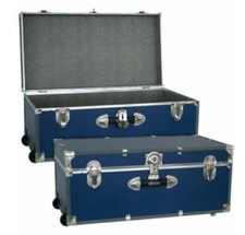 Blue Storage Trunk Wheeled Wooden Footlocker Chest Luggage College Dorm Box 30"