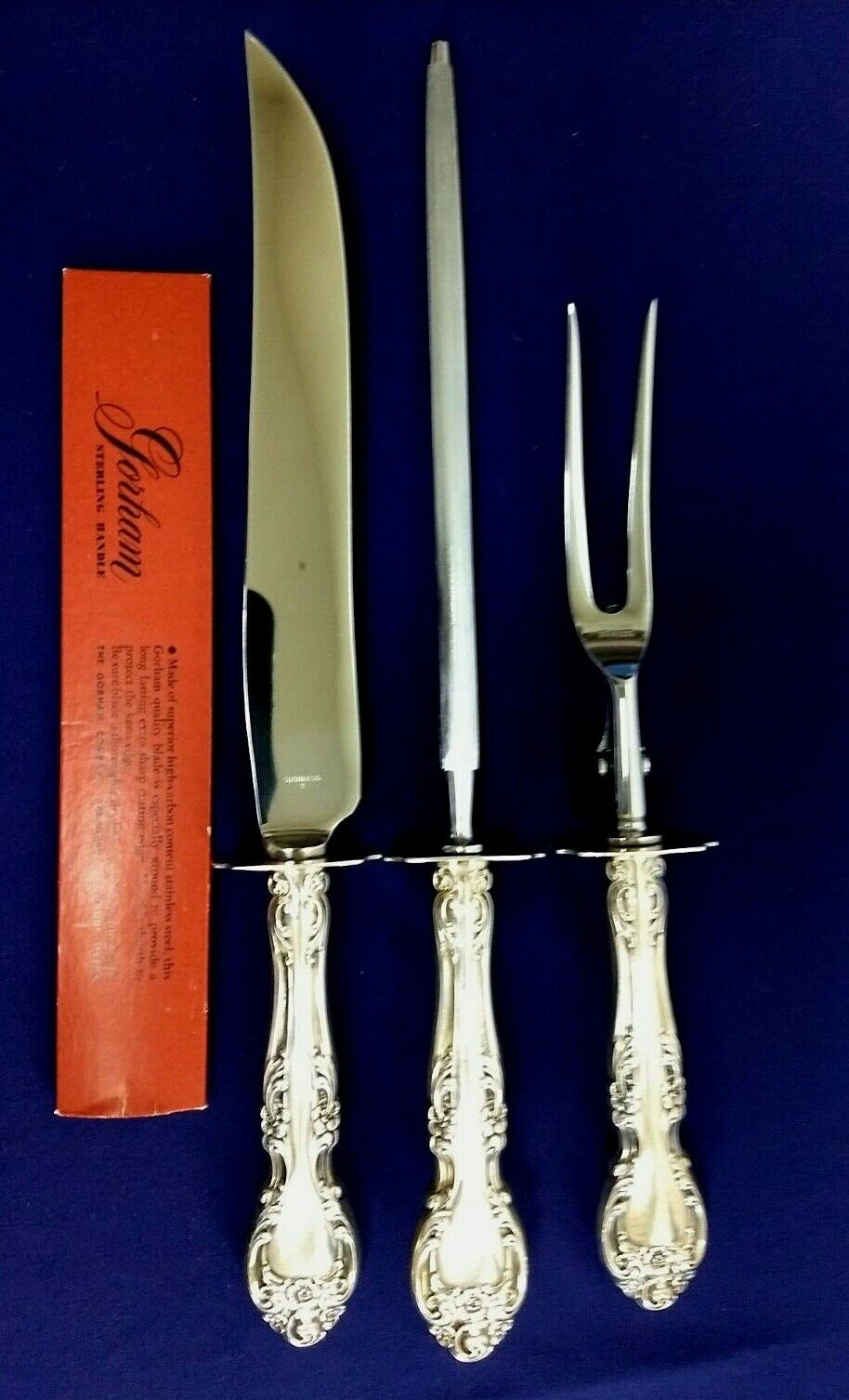 3 Pc Set GORHAM Melrose Sterling 1948 Large Carving Set Knife Fork Sharpener 