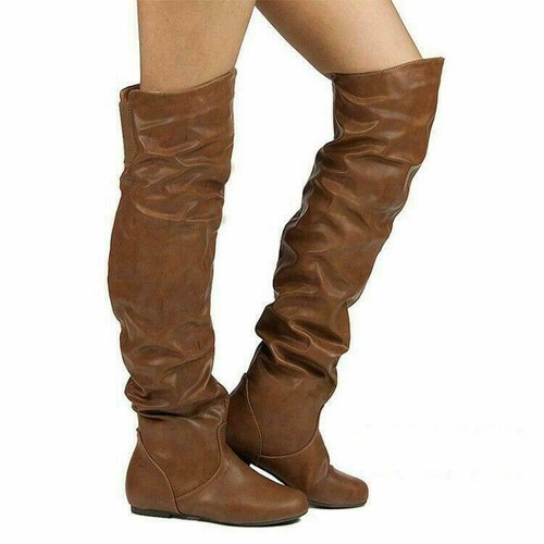 Women's Slouch Boots Over Knee High Boots Flat Shoes Plus Size Casual Shoes - Picture 25 of 28