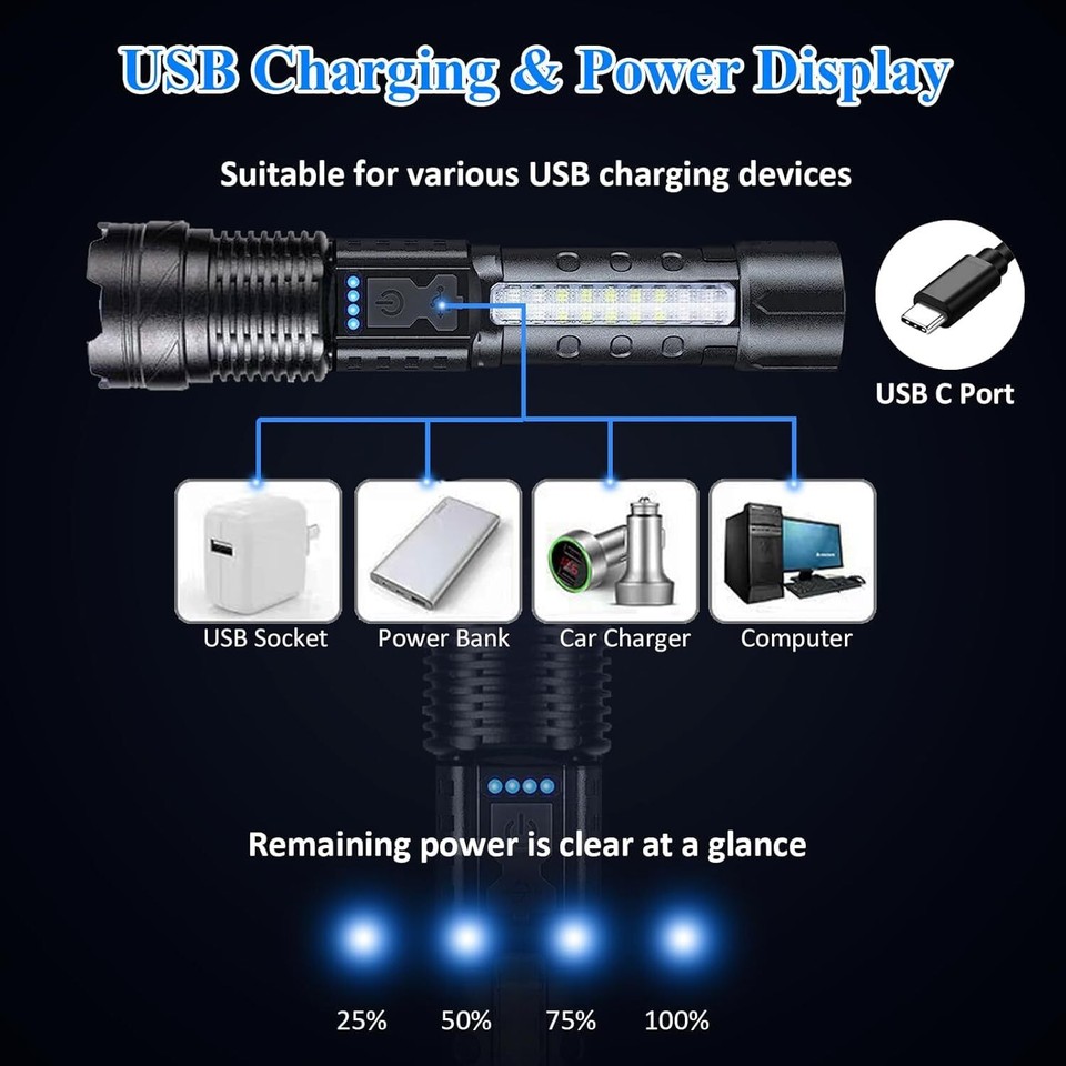 800 Lumen Rechargeable LED Flashlight – High Power XHP50+COB, USB Charging, IPX4 Waterproof