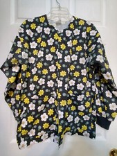 Scrub Jacket size S-Black/Yellow/White Floral Snap Front-chest 21.5"/L 27.5"