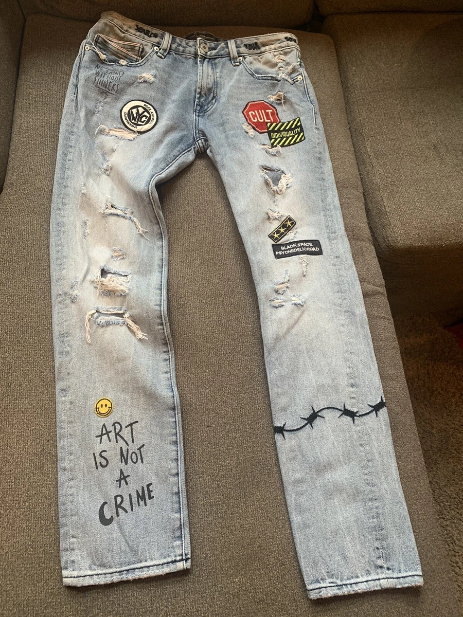 Cult Of Individuality Jeans Mens Graffiti Denim Rocker Slim Patches 33W 33L