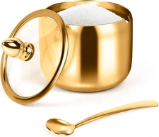Sugar Container with Glass Lid and Spoon - 10Oz Gold Sugar Bowl for Coffee Bar S