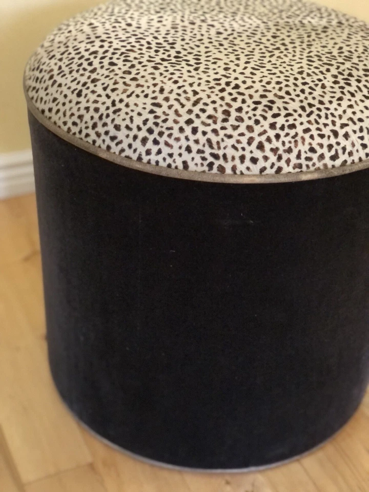 Custom Made Modern Drum Ottoman w/Cowhide Cheetah Print & Velour - Image 3 of 4