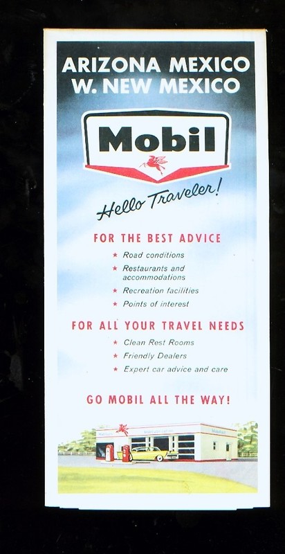 1950's Mobil Arizona, Mexico, West New Mexico foldout travel map
