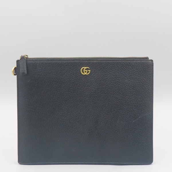Gucci GG Marmont Black Leather Gold Logo Clutch 547077
