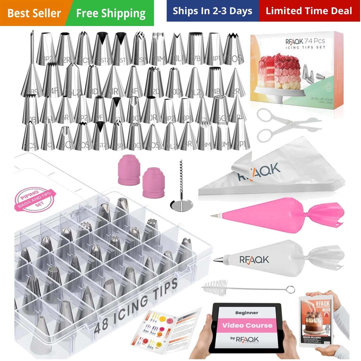 74 PCs Icing Piping Bags and Tips Set, Cake Decorating Kit with 48-Numbered P...