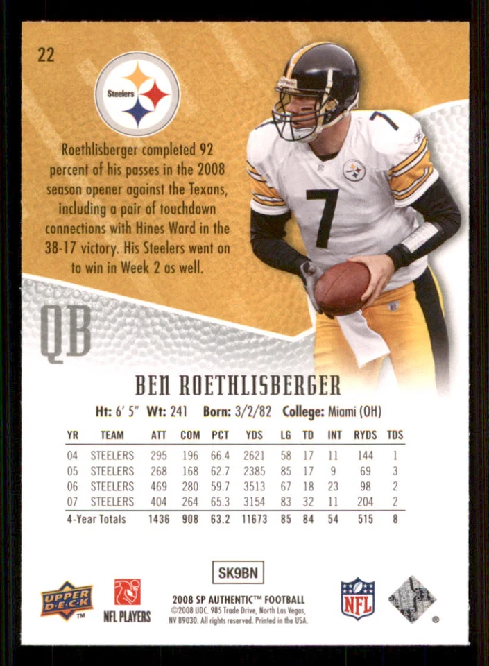2008 SP Authentic #22 Ben Roethlisberger - Image 2 of 2
