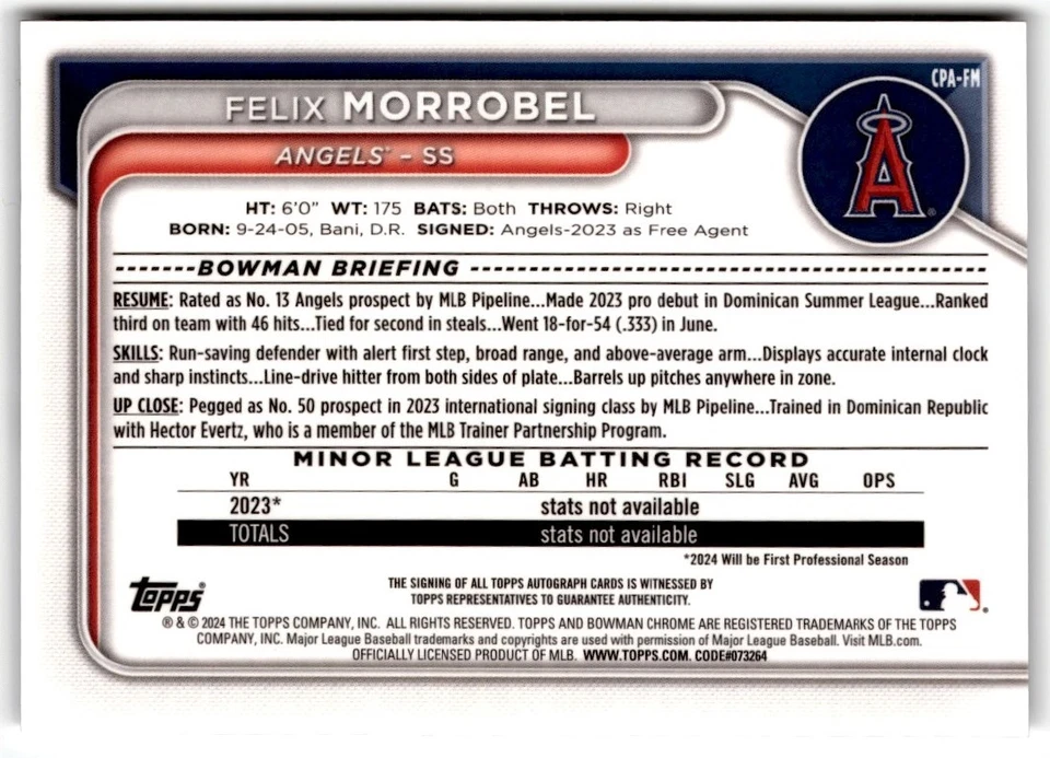 Felix Morrobel 2024 Bowman Chrome Prospects Auto #CPA-FM Los Angeles Angels - Image 2 of 2