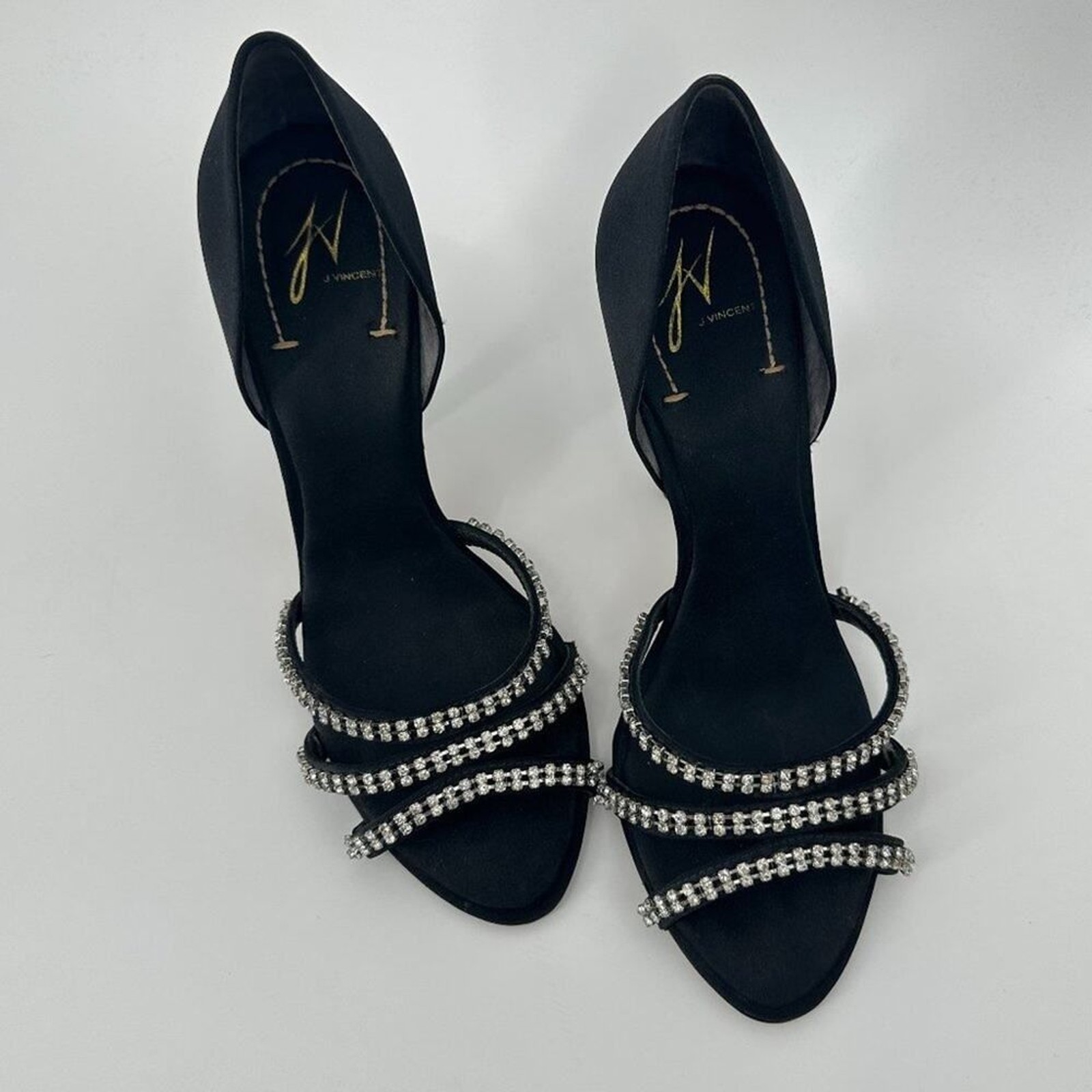 J Vincent Rhinestone Satin Black Heels Size 8