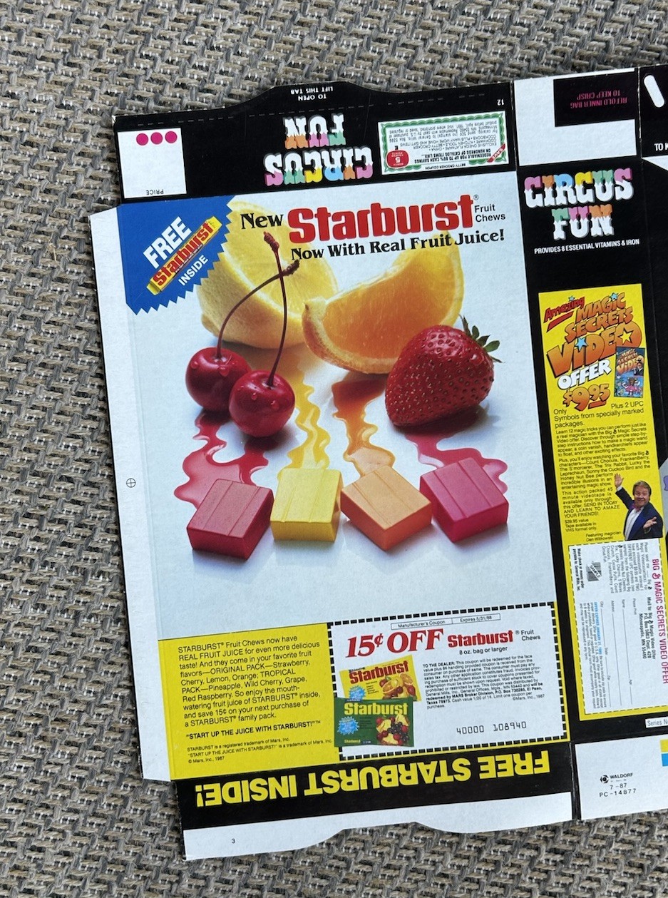 1987 CIRCUS FUN STARBURST CANDY Cereal Box Unassembled FLAT Magic Secrets Offer