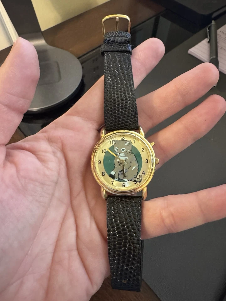 Vntg Grey Cat Watch  W/ Mouse as Second Hand, Genuine Black Leather Band - Image 2 of 3