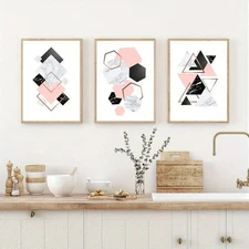 3pcs Rose Marble & Black Hexa Design Wall Art Poster Prints, Boho Wall Decor