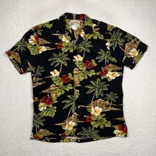 Paradise Found Hawaiian Shirt Black Mens Medium Rayon Palm Diamondhead Floral