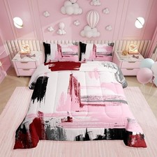 Abstract Comforter Set,Modern Bedding Set for Girls Boys Queen Pink Red Black