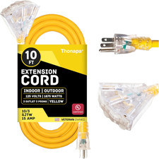 10 Ft 10 Gauge Extension Cord with 3 Outlets, 10/3 Heavy Duty Outdoor Extension