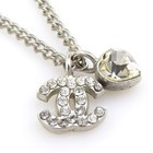 Auth CHANEL CC Logo Heart Motif Necklace Silver Metal/Rhinestone - e62037a