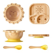Suction Plates Bowls Set for Baby Toddler Non-Toxic Bamboo Feeding Set with S...