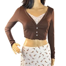 Shein Mod Long Sleeve Cropped Shirt with Lace insert Size XS