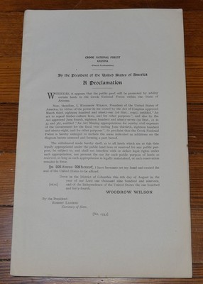 Woodrow Wilson / Crook National Forest Map Proclamation Arizona 1st Edition 1919