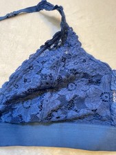 Blue Lace Halter Bralette XL Wireless Romantic Coquette Deep V Layering