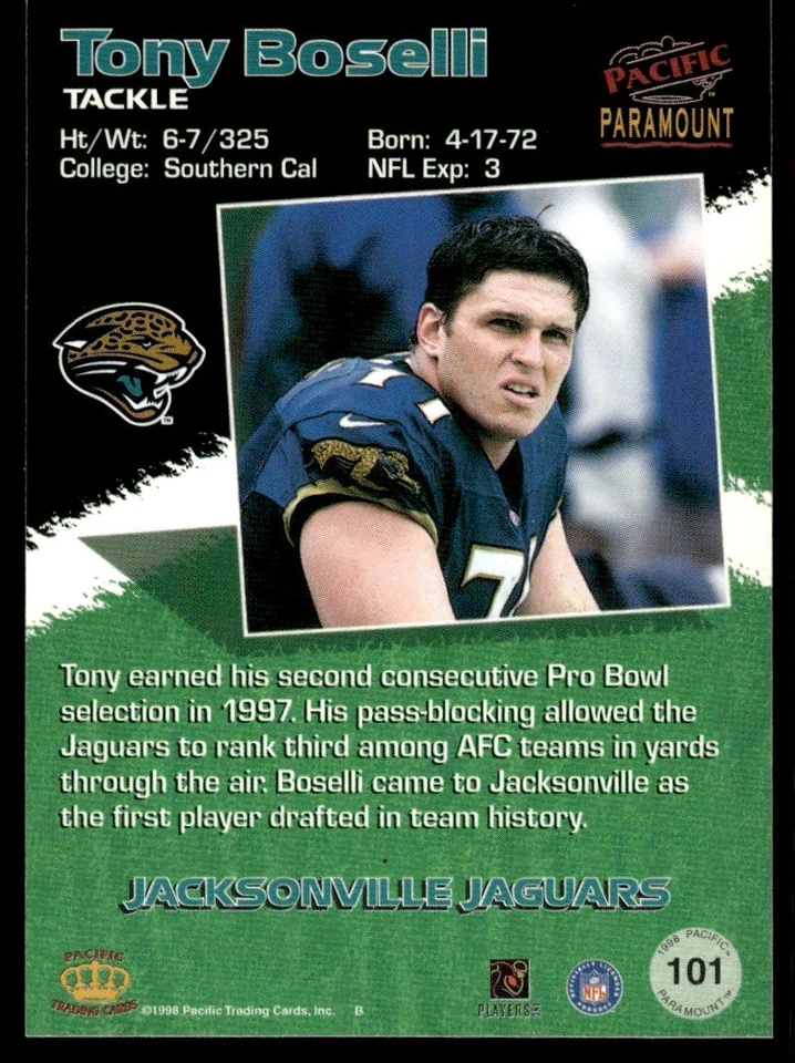 1998 Pacific Paramount Tony Boselli Jacksonville Jaguars #101 - Image 2 of 2