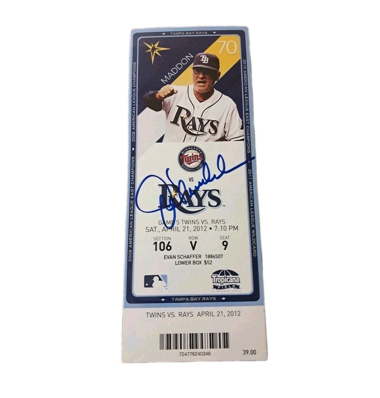 Joe Maddon Signed 2012 Game Ticket Stub Autographed Tampa Bay Devil Rays Auto