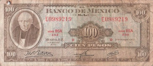 Mexico  100  Pesos  29.12.1972  Series  BSA  Prefix E  Circulated Banknote Top B