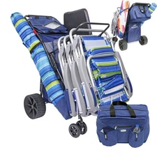Deluxe Beach Cart with Big Wheels for Sand Insulated Cooler Bag, Umbrella Holder