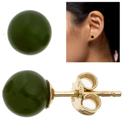 Ohrstecker Ohrringe 333 Gelbgold 8 Karat runde Jade Steine grün Kugelohrstecker