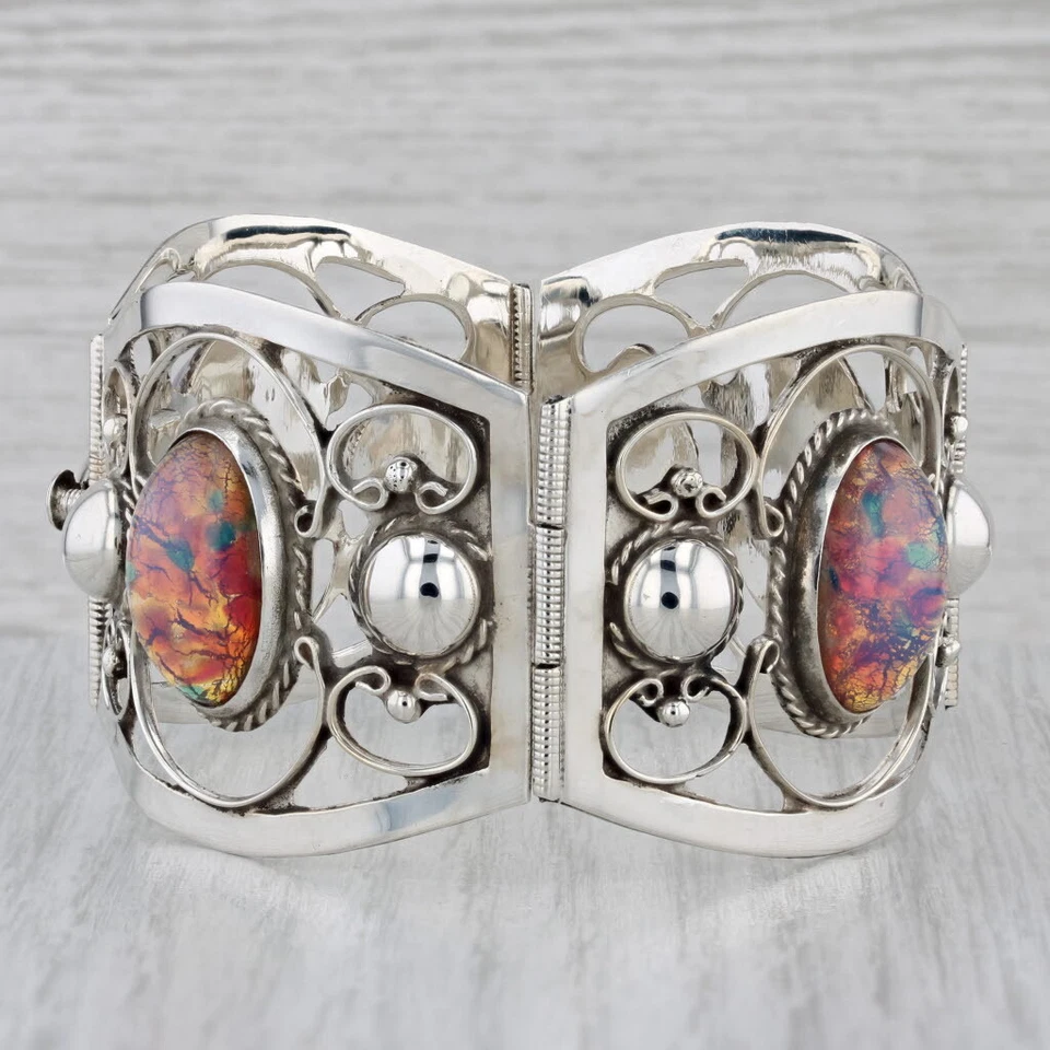 Imitation Opal Glass Statement Bracelet Sterling Silver Vintage Ornate 7.25" - Image 3 of 4