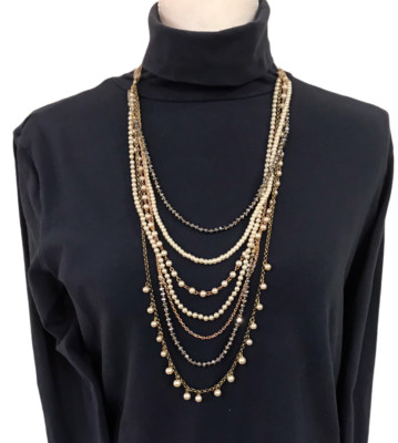 LOFT 6 Strand 30'' Gold Color Chain and Pearl Ribbon Tie Necklace NEW!