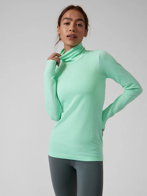 Athleta PLUS 1X Flurry Blizzard Rib Turtleneck Mint Green Fitted Base-layer Top