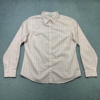 LL Bean Top Women Medium Pink Plaid Pinpoint Oxford Wrinkle Resist Long Sleeve