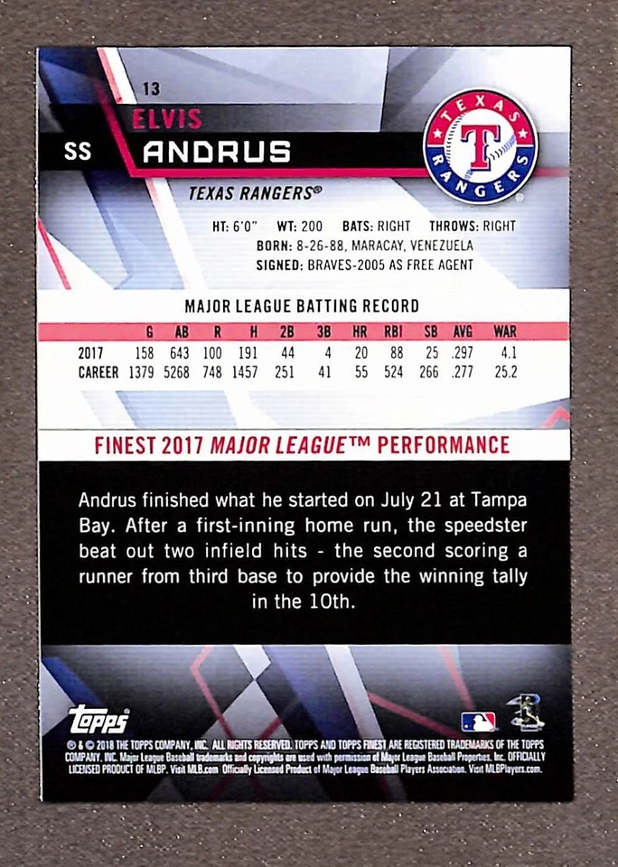 2018 Topps Finest Gold Refractor #13 Elvis Andrus /50 - Image 2 of 3