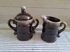Vintage Cream & Sugar Set Farmhouse Cottage Pottery Dark Brown Jug
