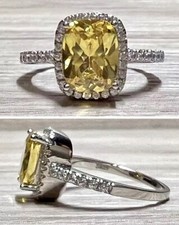 Sterling Silver Canary Yellow Citrine  Cubic Zirconia Halo Ring, Size 6