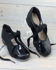 Capezio Jr. Tyette Tap Shoes Girls Size 12.5 M Black Patent Dance Elastic Ribbon