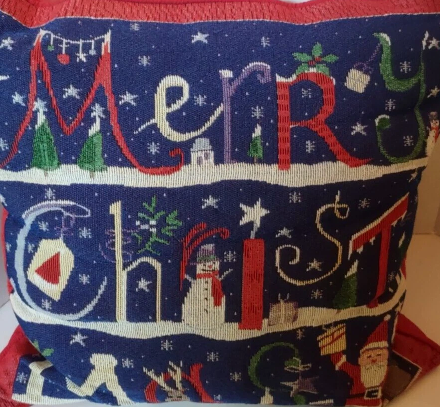 Vtg Merry Christmas Throw Pillow Decorative Tapestry Snowman, Santa, Deer - Image 4 of 4