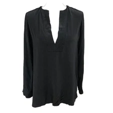 Vince Silk Blouse Tunic Top Womens 4 Black Long Sleeve V Neck Minimalist Classic