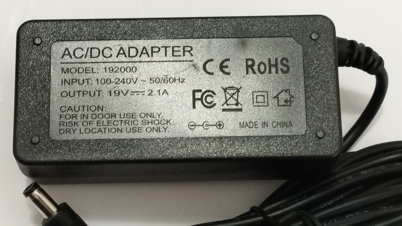 AC/DC Power Adapter, Model 192000 Input: 100-240V~50/60Hz  Output: 19V 2.1A