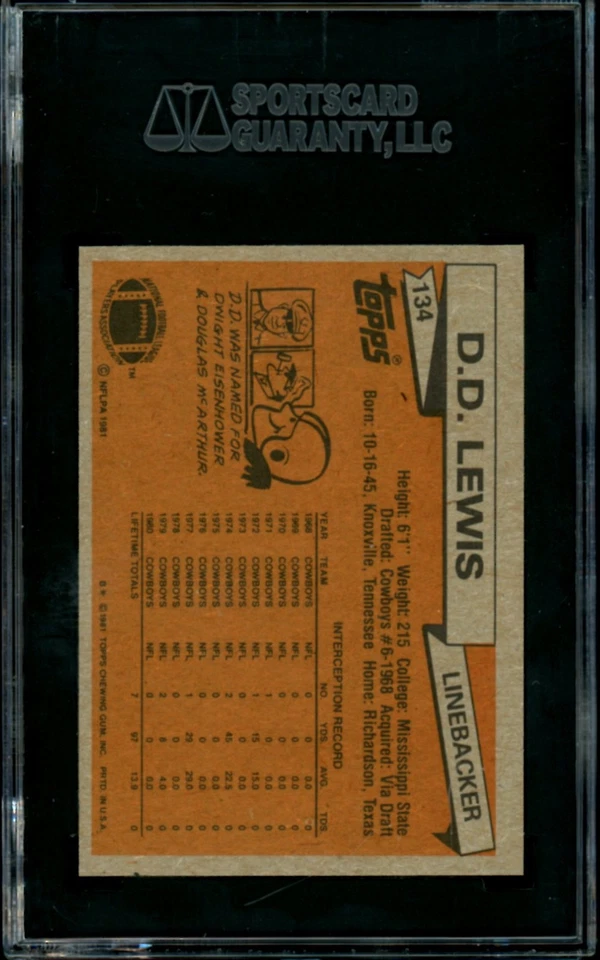 1981 Topps NFL Football #134 D.D. Lewis SGC 10 GEM-MINT Dallas Cowboys Card - Image 2 of 2