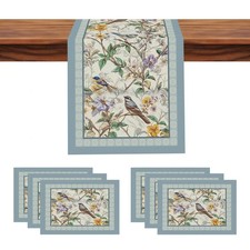 Floral Bird Table Runner and Placemats Set of 6, 13 x 72 Inch