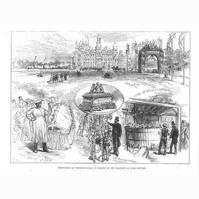 THORESBY HALL Feierlichkeiten für die Mehrheit von Lord Newark - antiker Druck 1875