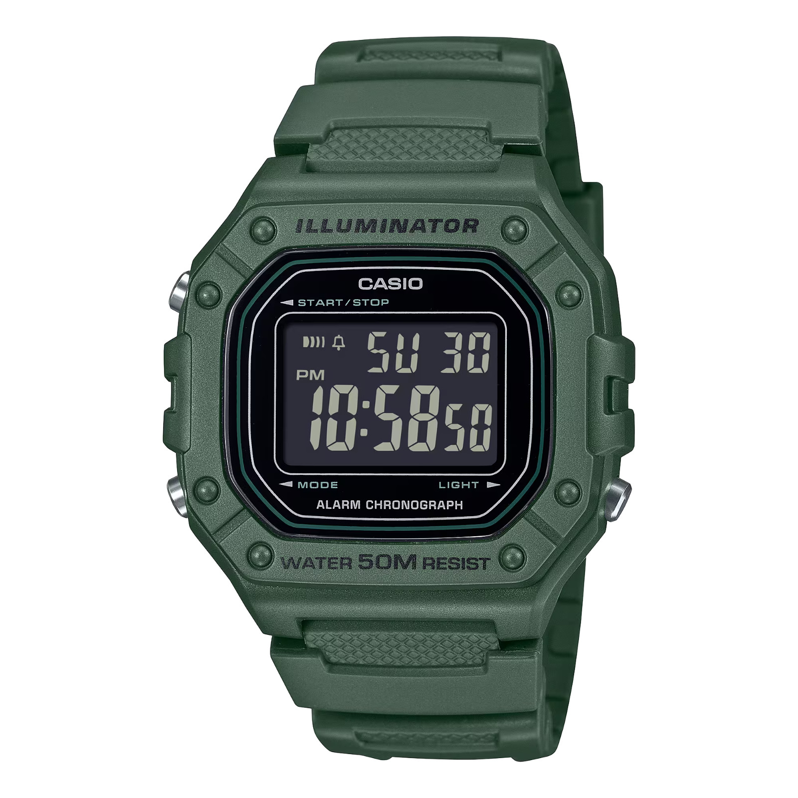 Casio W218H-3BV, Chronograph Watch, Green Resin Band, Alarm, Illuminator