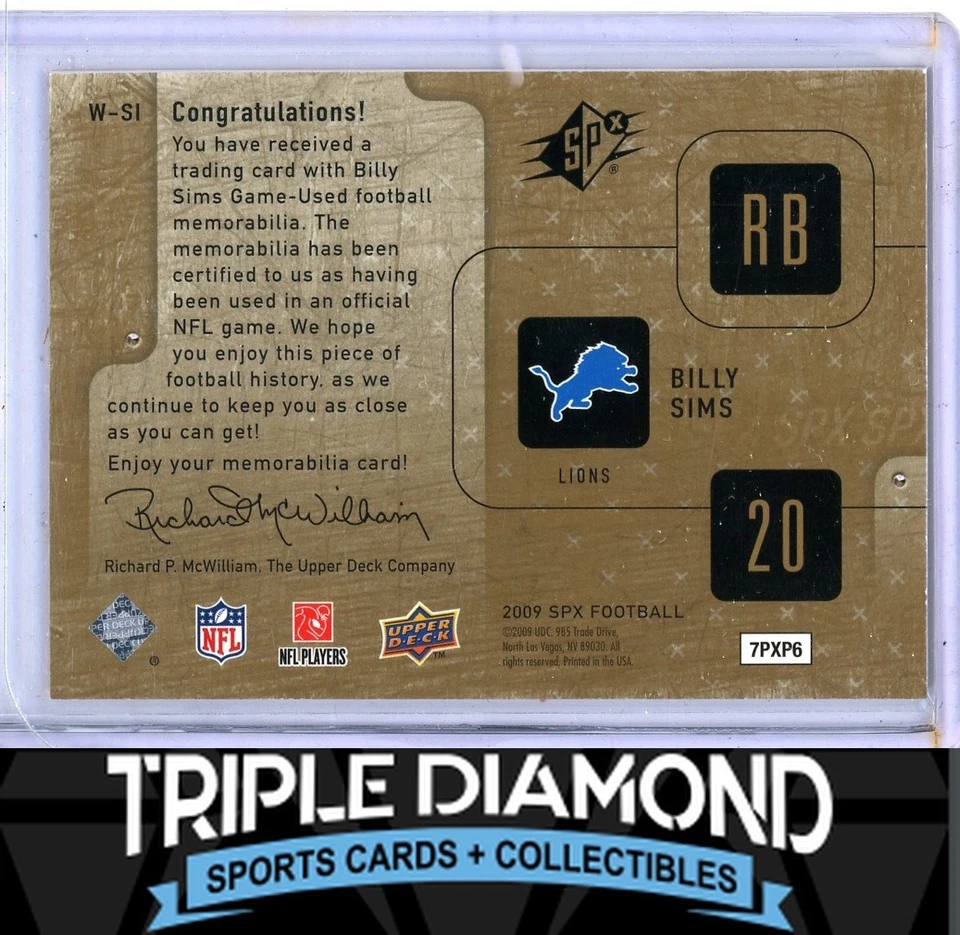 2009 Upper Deck SPx Billy Sims Winning Materials Game-Worn Patch #112/249 K268 - Image 2 of 2