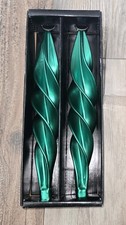 Vintage 1994 Pair Metallic Green Twisted Feather Taper Candles 12" USA &bull; NOS